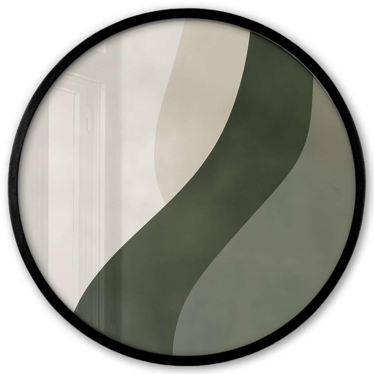 FrameYourWall Poster in lijst Rond - Fotolijst 40x40 cm - Posters - Japandi - Groen - Abstract - Modern - Ronde posterlijst zwart - Decoratie - Wanddecoratie woonkamer - Muurdecoratie slaapkamer Lijn