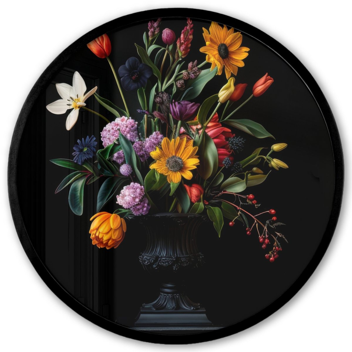 FrameYourWall Poster in lijst Rond - Fotolijst 40x40 cm - Posters - Zonnebloemen - Boeket - Kleurrijk - Ronde posterlijst zwart - Decoratie - Wanddecoratie woonkamer - Muurdecoratie slaapkamer Boeket - Bloemen 1