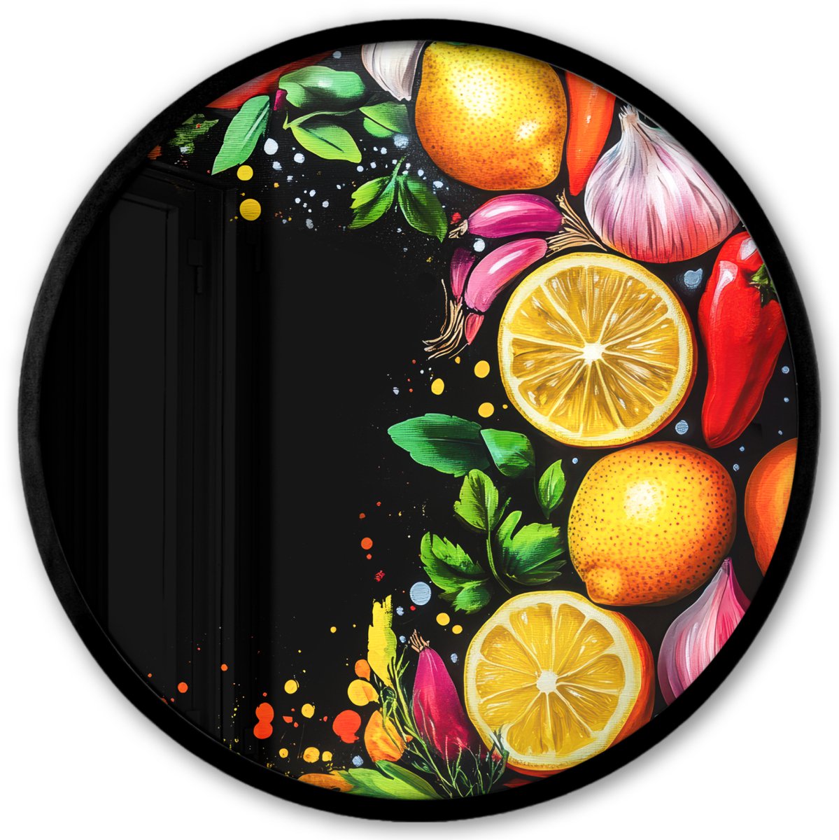 FrameYourWall Poster in lijst Rond - Fotolijst 40x40 cm - Posters - Citroenen - Peper - Kruiden - Graffiti - Verf - Abstract - Ronde posterlijst zwart - Decoratie - Wanddecoratie woonkamer - Muurdecoratie slaapkamer Graffiti - Fruit - Groente