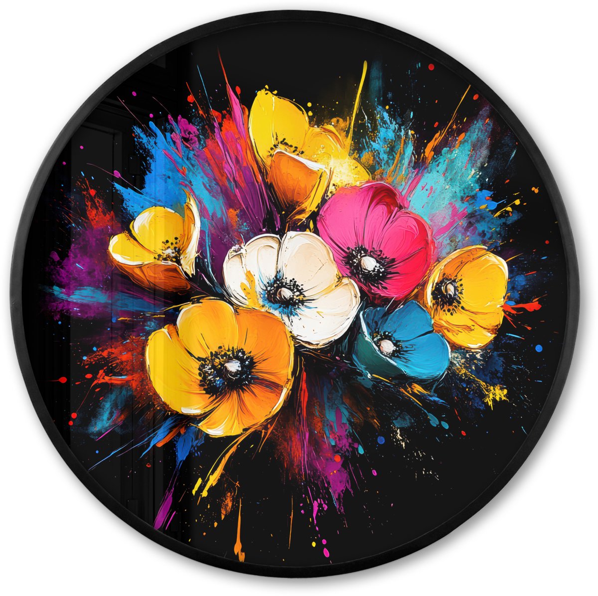 FrameYourWall Poster in lijst Rond - Fotolijst 80x80 cm - Posters - Bloemen - Kleurrijk - Graffiti - Modern - Boeket - Ronde posterlijst zwart - Decoratie - Wanddecoratie woonkamer - Muurdecoratie slaapkamer Graffiti - Bloemen