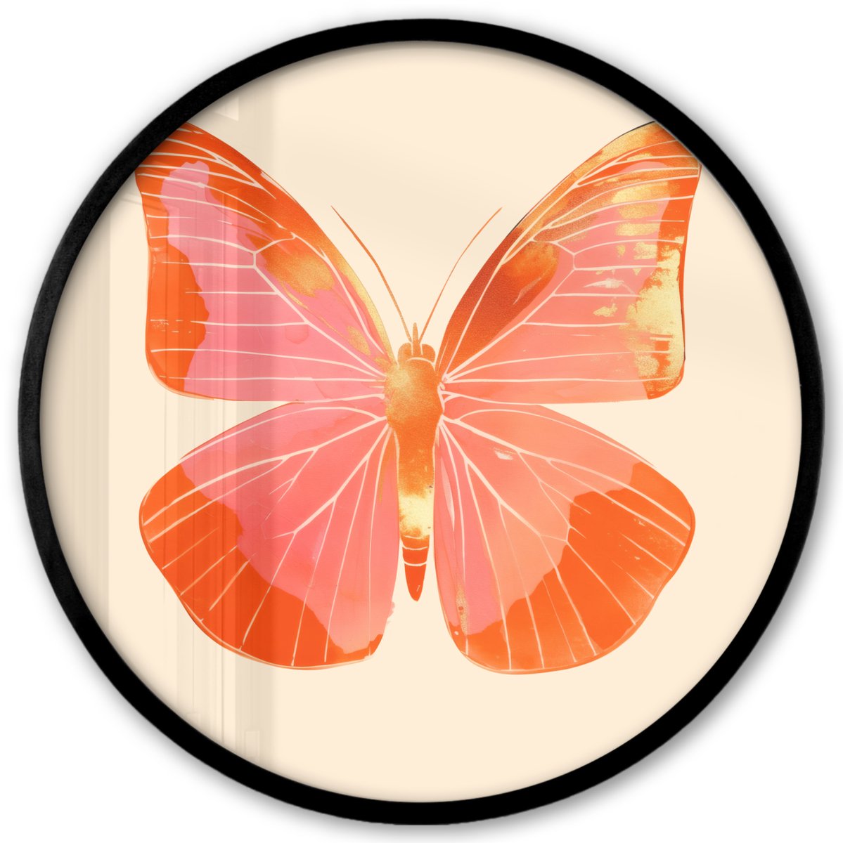 FrameYourWall Poster in lijst Rond - Fotolijst 40x40 cm - Posters - Vlinder - Minimalistisch - Roze - Ronde posterlijst zwart - Decoratie - Wanddecoratie woonkamer - Muurdecoratie slaapkamer