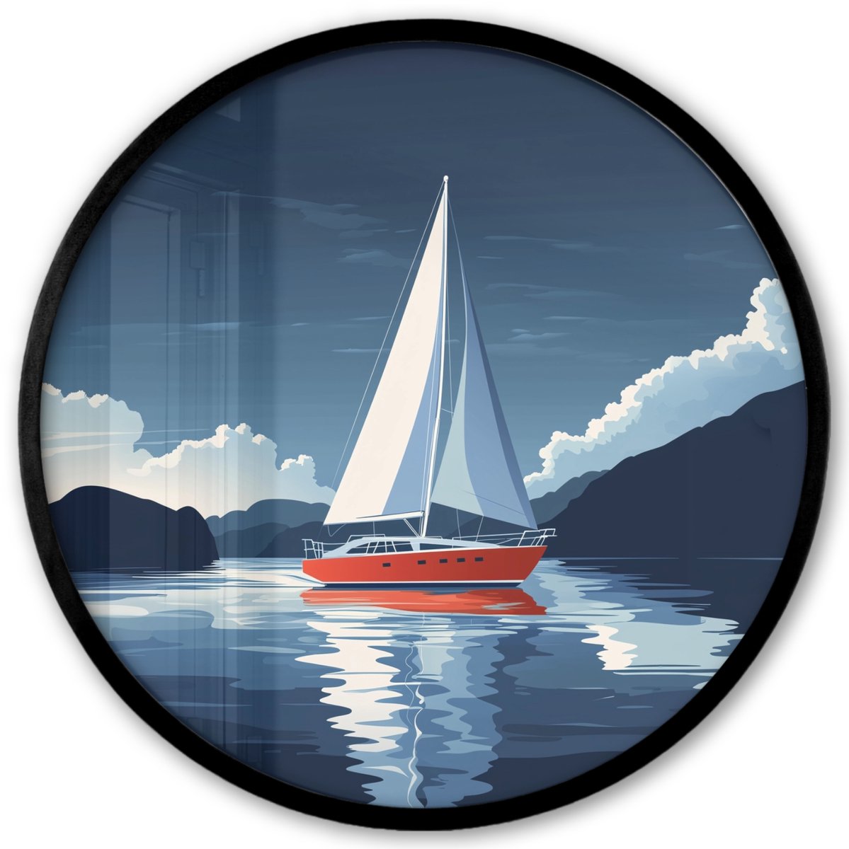 FrameYourWall Poster in lijst Rond - Fotolijst 40x40 cm - Posters - Zeilboot - Donkere bergen - Stilte - Ronde posterlijst zwart - Decoratie - Wanddecoratie woonkamer - Muurdecoratie slaapkamer Zeilboot - Wolken