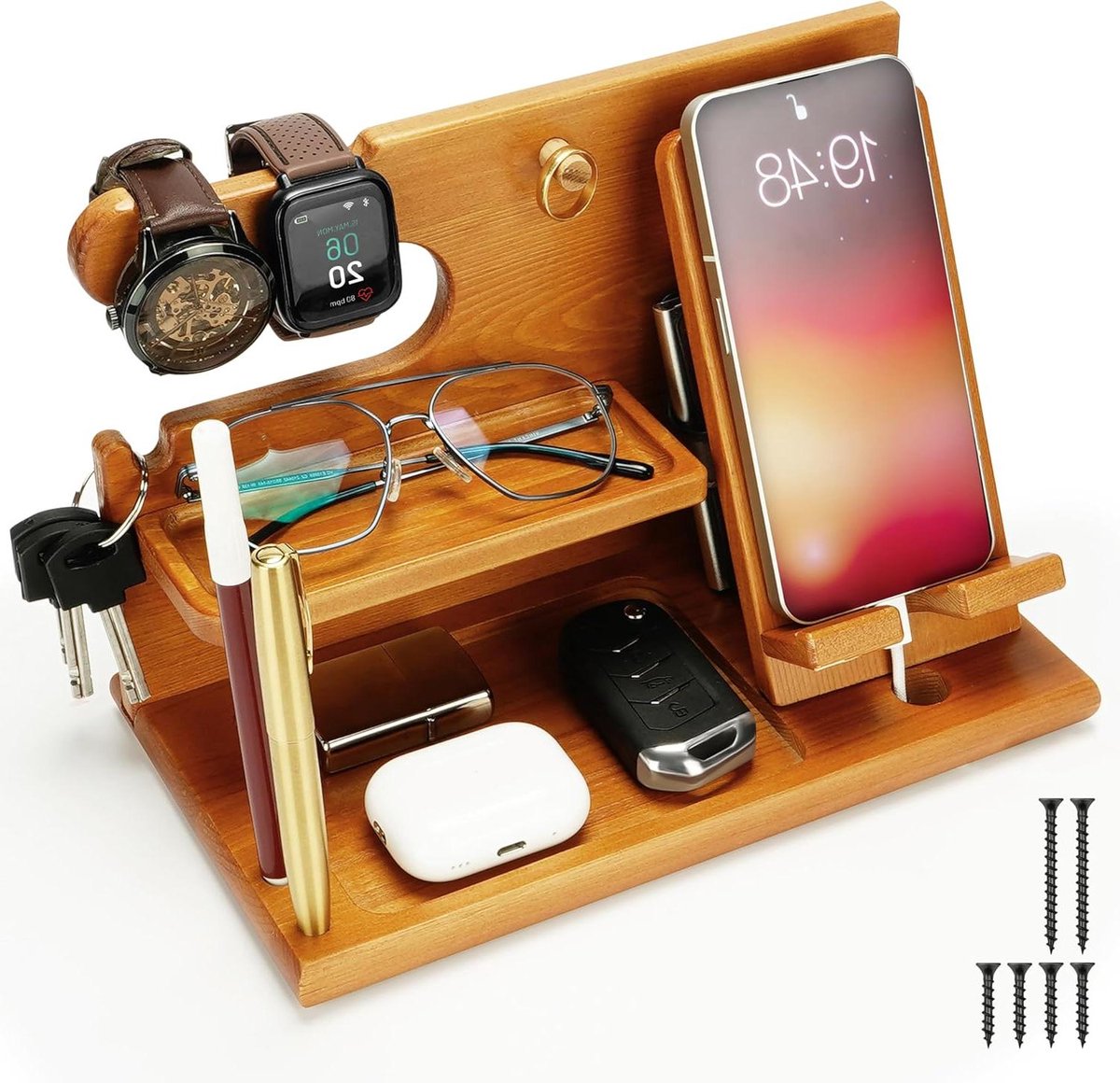 Lichtbruin Houten Dockingstation voor Telefoon - Nachtkast Organiser - Houder Standaard voor Telefoon, Beurs, Horloge - Sleutel en Gadget Opbergbox - Jubileum-Verjaardagscadeau voor Mannen Accessoires