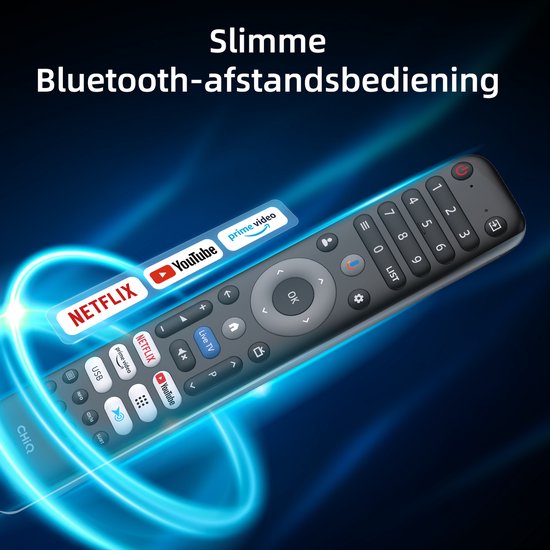 Moderne afstandsbediening met streaming-app-knoppen zoals Netflix en YouTube. "Slimme Bluetooth-afstandsbediening."
