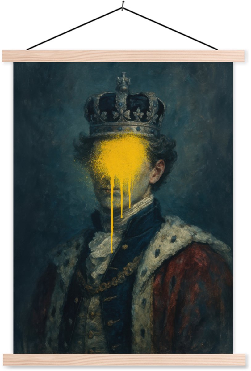 Posterhanger incl. Poster 87x120 cm - Schoolplaat - Koning - Portret - Druipende gele verf