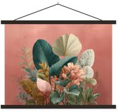 Posterhanger incl. Poster 40x30 cm - Schoolplaat - Tropische bladeren - Bloemen - Roze - groen - Textielposter - Zwarte latten