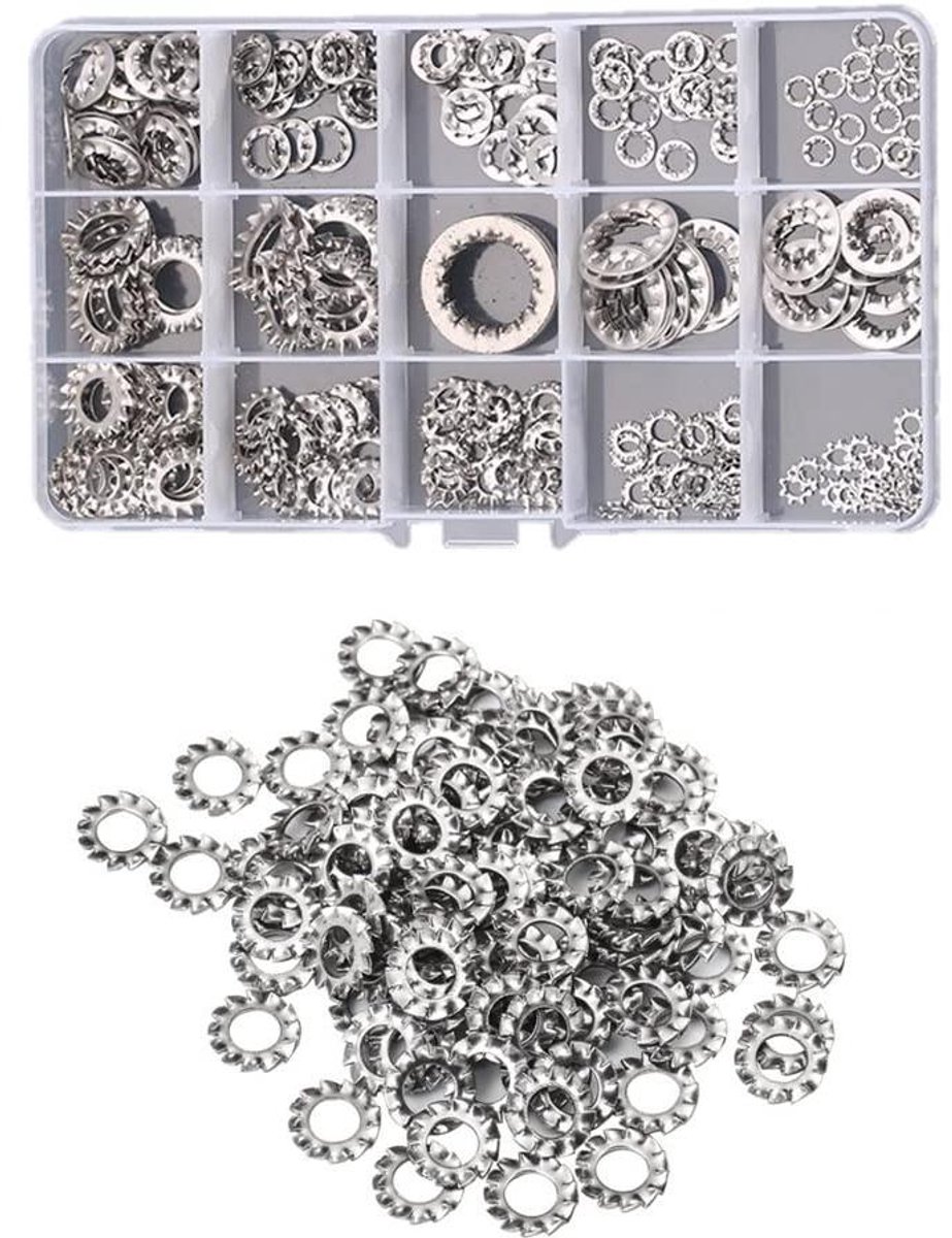 Provento - Set van 250 Getande Lock Washers Assortiment Kit voor M3 M4 M5 M6 M8 M10 M12 - Interne/Externe Ster Tand Borgringen