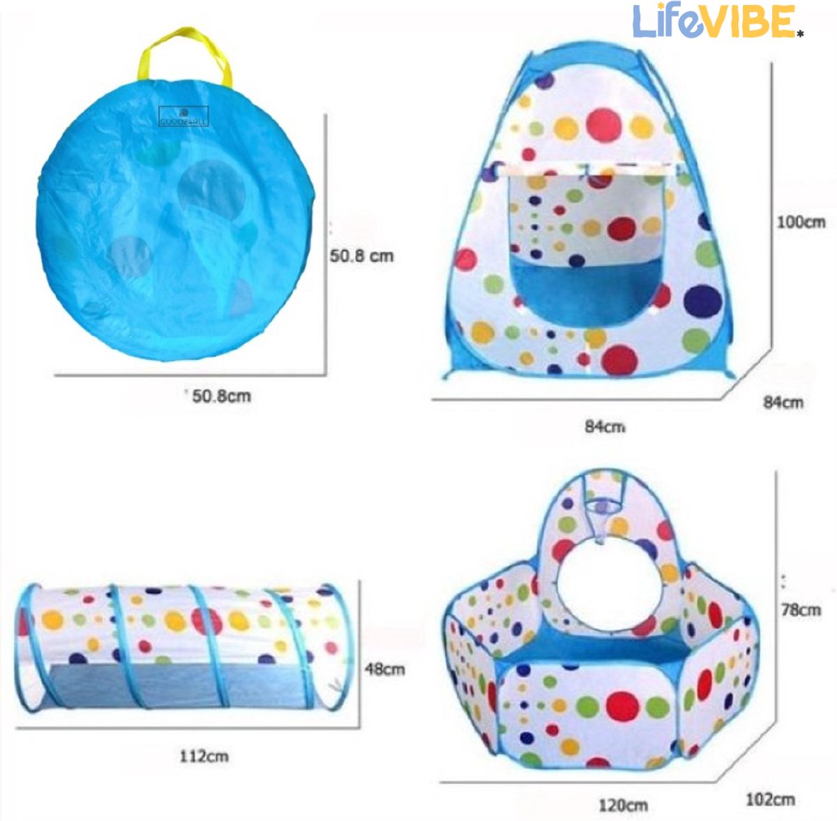 LifeVibe® Speeltent met Tunnel Blauw - Kruiptunnel - Kindertent - Binnen en Buiten - Pop Up Tent — afbeelding 3