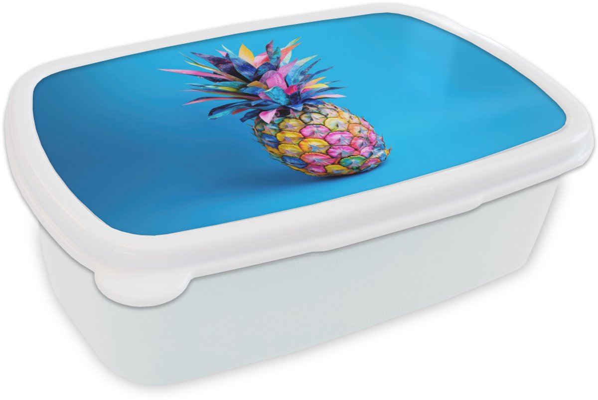 Broodtrommel Wit - Lunchbox Ananas - Blauw - Tropisch - Vrolijk - Brooddoos 18x12x6 cm - Brood lunch box - Broodtrommels voor kinderen en volwassenen