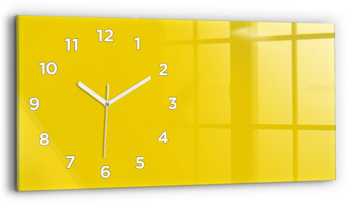 Wallfluent Wandklok - Geel Rechthoekige Glas Klok - 60 cm x 30 cm - Geel Wandklok - Witte Handen - Wandklok Met Cijfers - Stille Wandklok Slaapkamer - Rechthoekige Glazen Wandklok - Scandinavisch Wandklok - Glazen Klok Rechthoekige