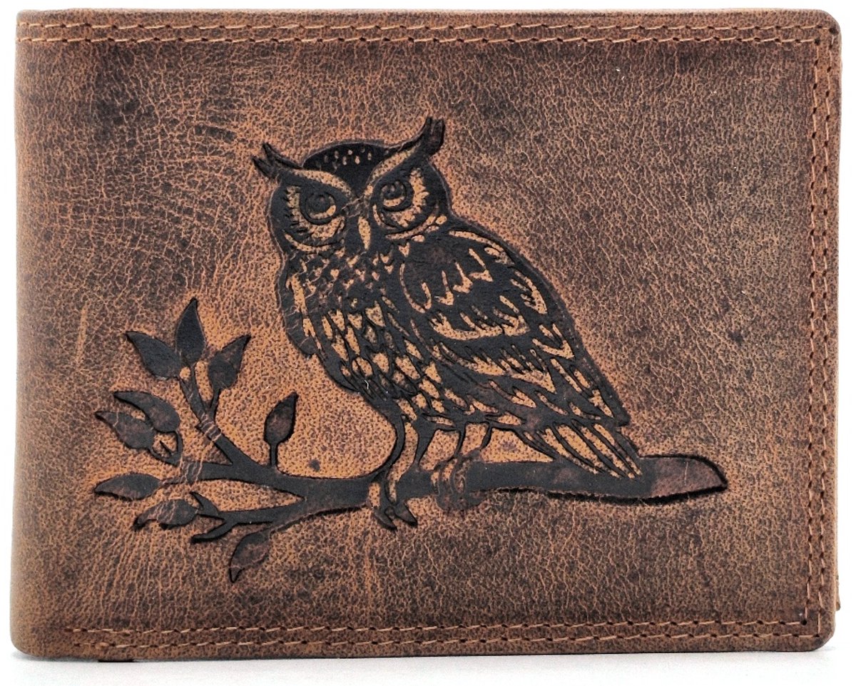Leren Portemonnee met Uil (horizontaal) - (bxhxd) ca. 12cm x 9,5cm x 2,5cm