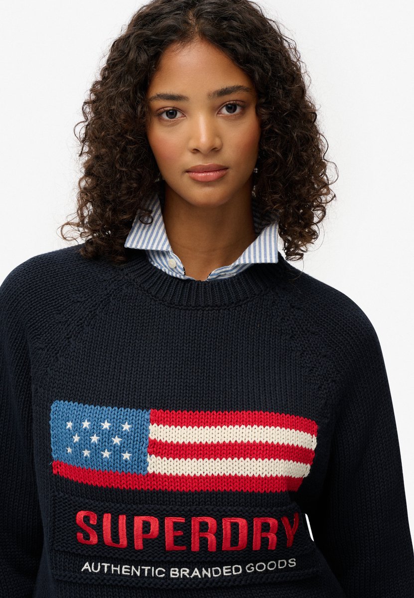 Superdry Americana Crew Gebreide Trui Dames Sweaters Marineblauw