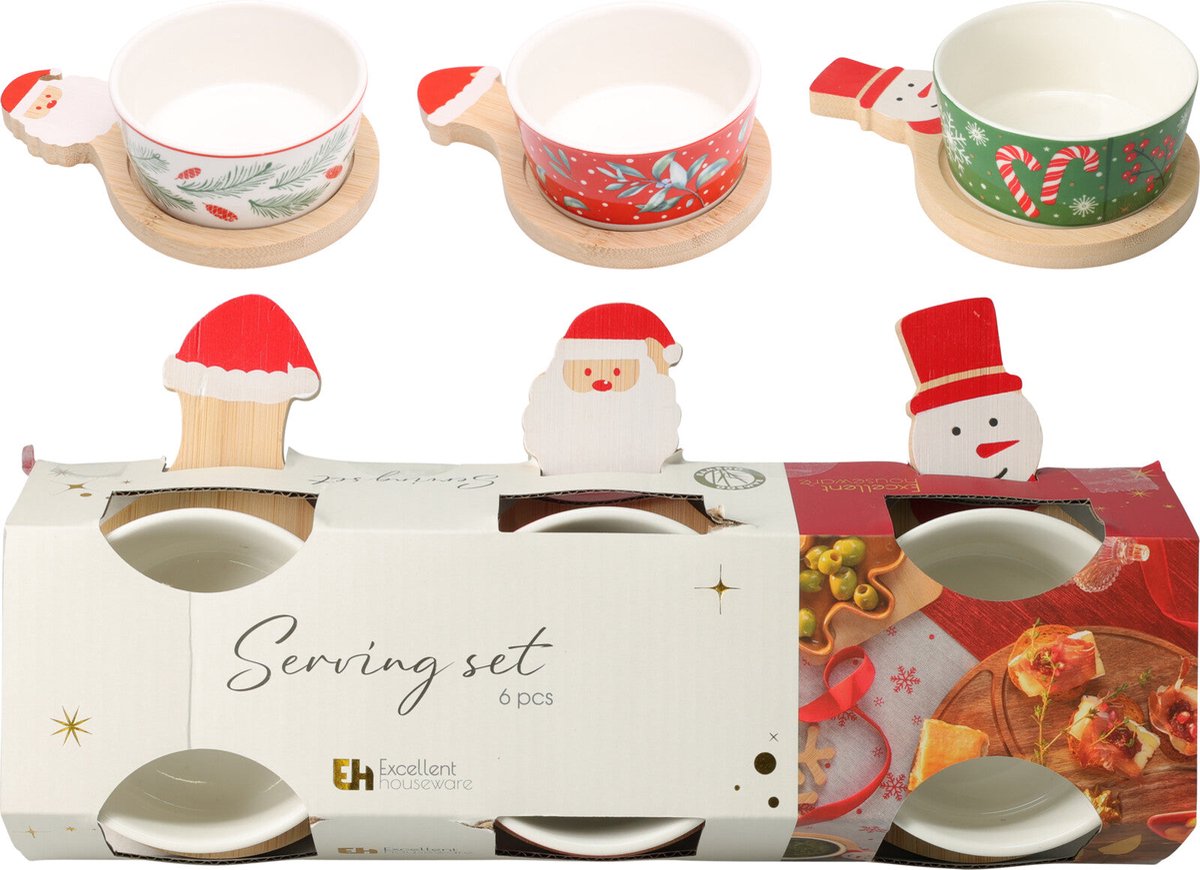 Koopman Kerstserveerset - 6 stuks, porseleinen kommen en bamboe dienbladen