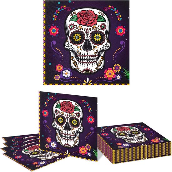 Brenzoos - Wegwerp Servetten voor Mexicaans Diner - Set van 24 Bloemen Schedel Motief - Voor Badkamer, Vakantie & Feest - Tafeldecoratie