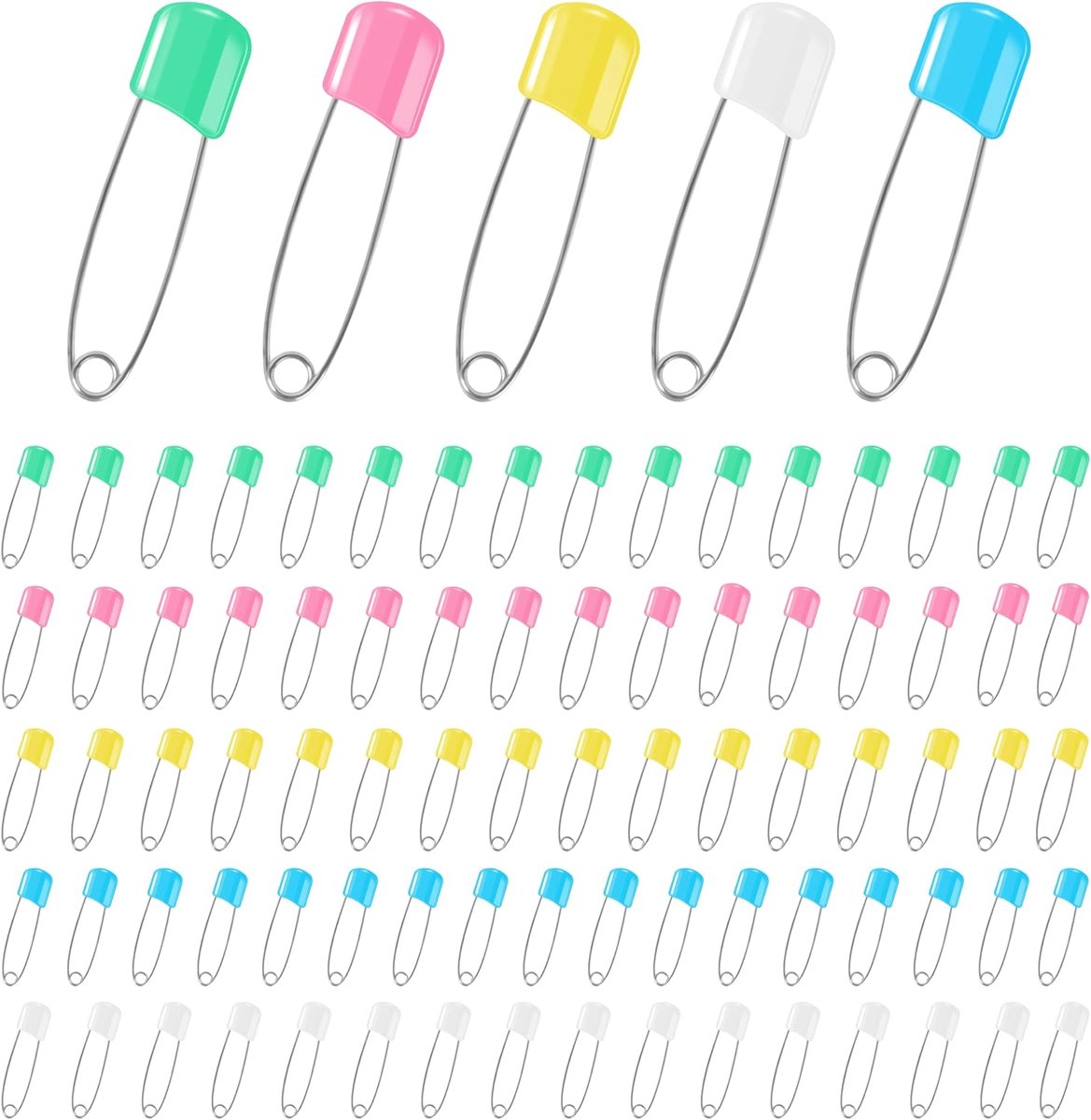 Daity 100 Pack - Veiligheidsspelden van roestvrij staal - 2,2 inch kindveilige spelden - veiligheidsspelden met kunststof punt - grote spelden met sluitklemmen - 5 kleuren