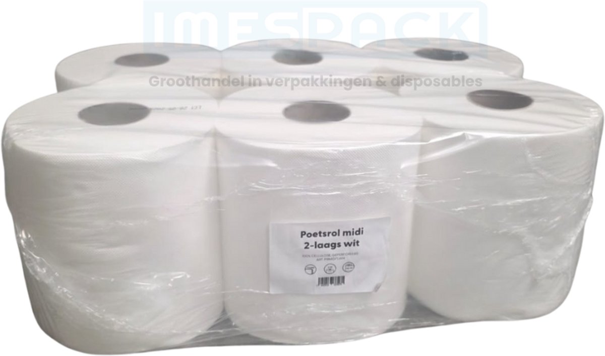 Handdoekrol - Poetsrol - Midi - 2laags - 6 rollen - Cellulose