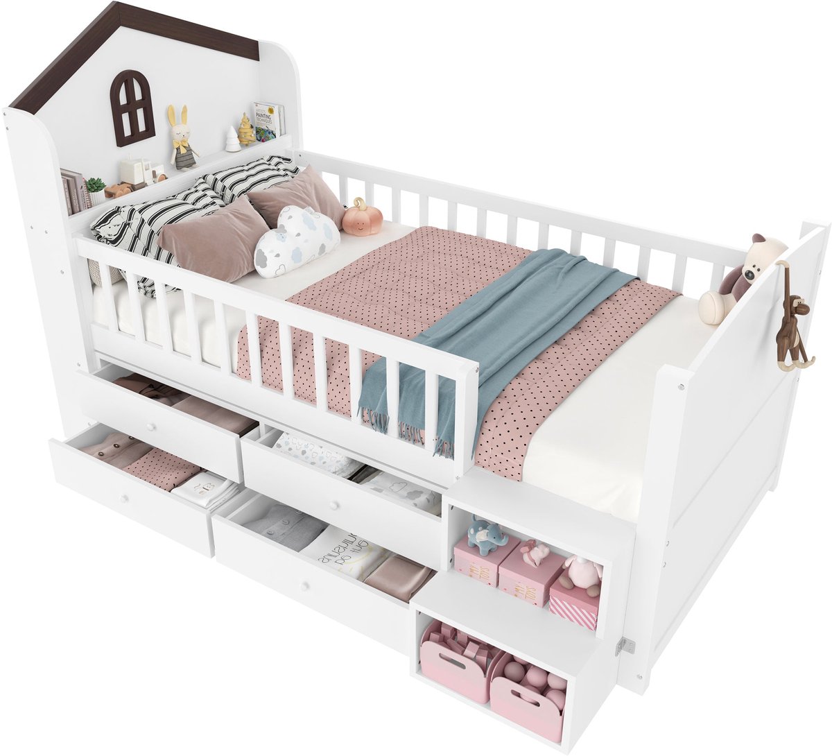 Merax Halfhoog Kinderhuisbed 90x200 cm – 4 Lades - LED-verlichting - Trap met Planken - Wit – Zonder Matras
