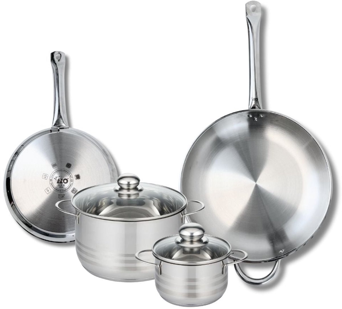 Set van 2 Koekenpannen 24 en 32 cm en 2 Kookpotten 14 en 20 cm Elo Profi Brillant