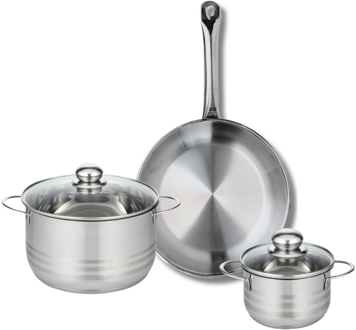 Set van 1 Koekenpan 28 cm en 2 kookpotten 14 en 20 cm Elo Profi Brillant