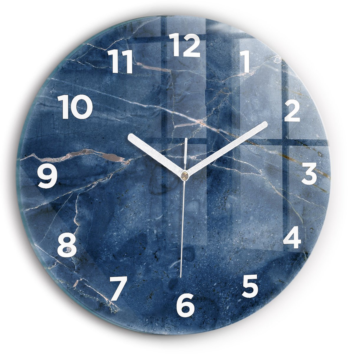 Wallfluent Wandklok - Blauwe marmertextuur Decoratieve Wandklok - 30 cm x 30 cm - Blauw Wandklok - Witte Handen - Wandklok Met Cijfers - Kinder Wandklok Glas - Ronde Glazen Wandklok - Minimalistisch Wandklok - Decoratieve Wandklok