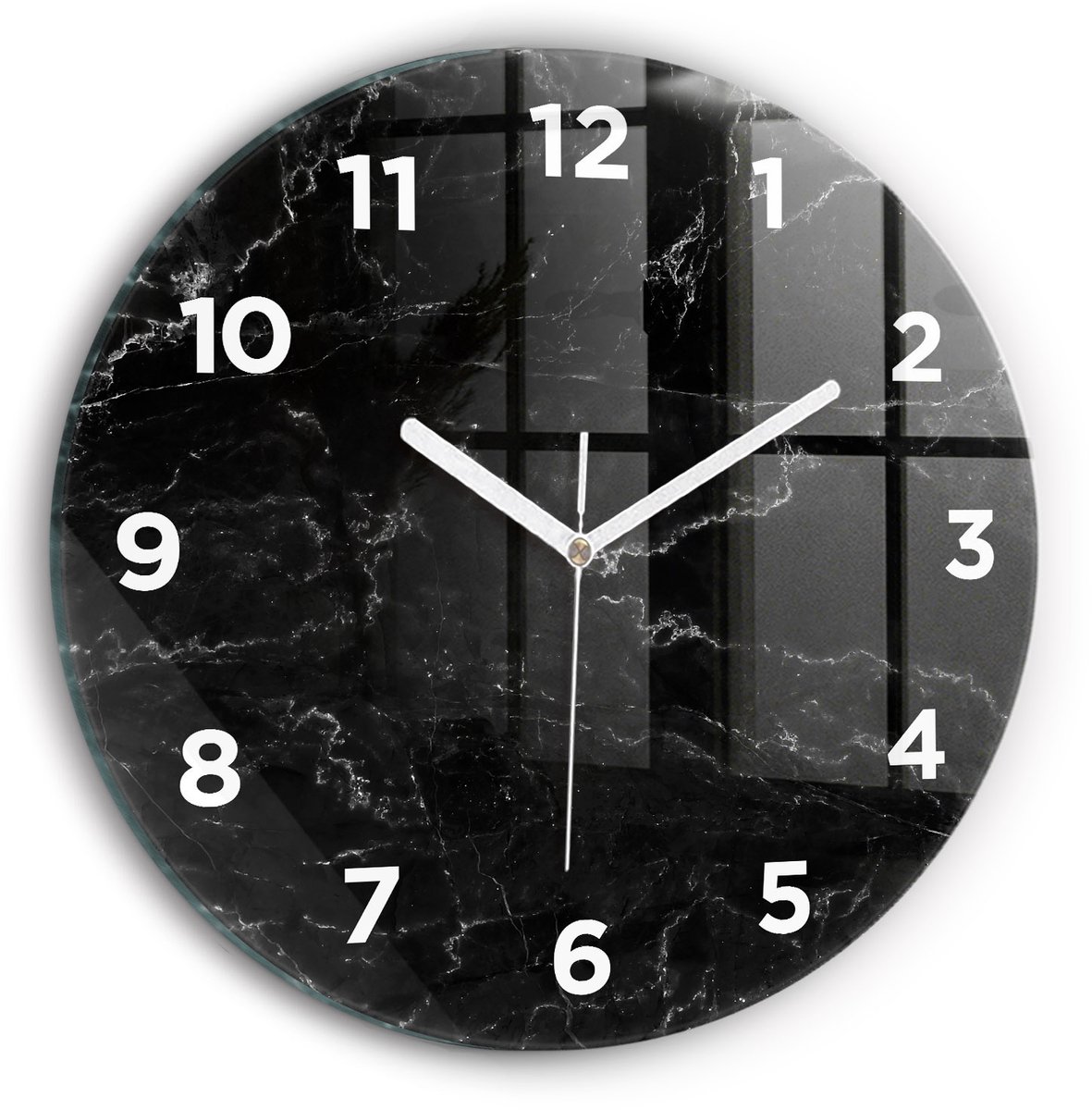 Wallfluent Wandklok - Zwart marmer Unieke Wandklok - 30 cm x 30 cm - Zwart Wandklok - Witte Handen - Wandklok Met Cijfers - Kinder Wandklok Glas - Ronde Glas Klok - Industrieel Wandklok - Unieke Wandklok