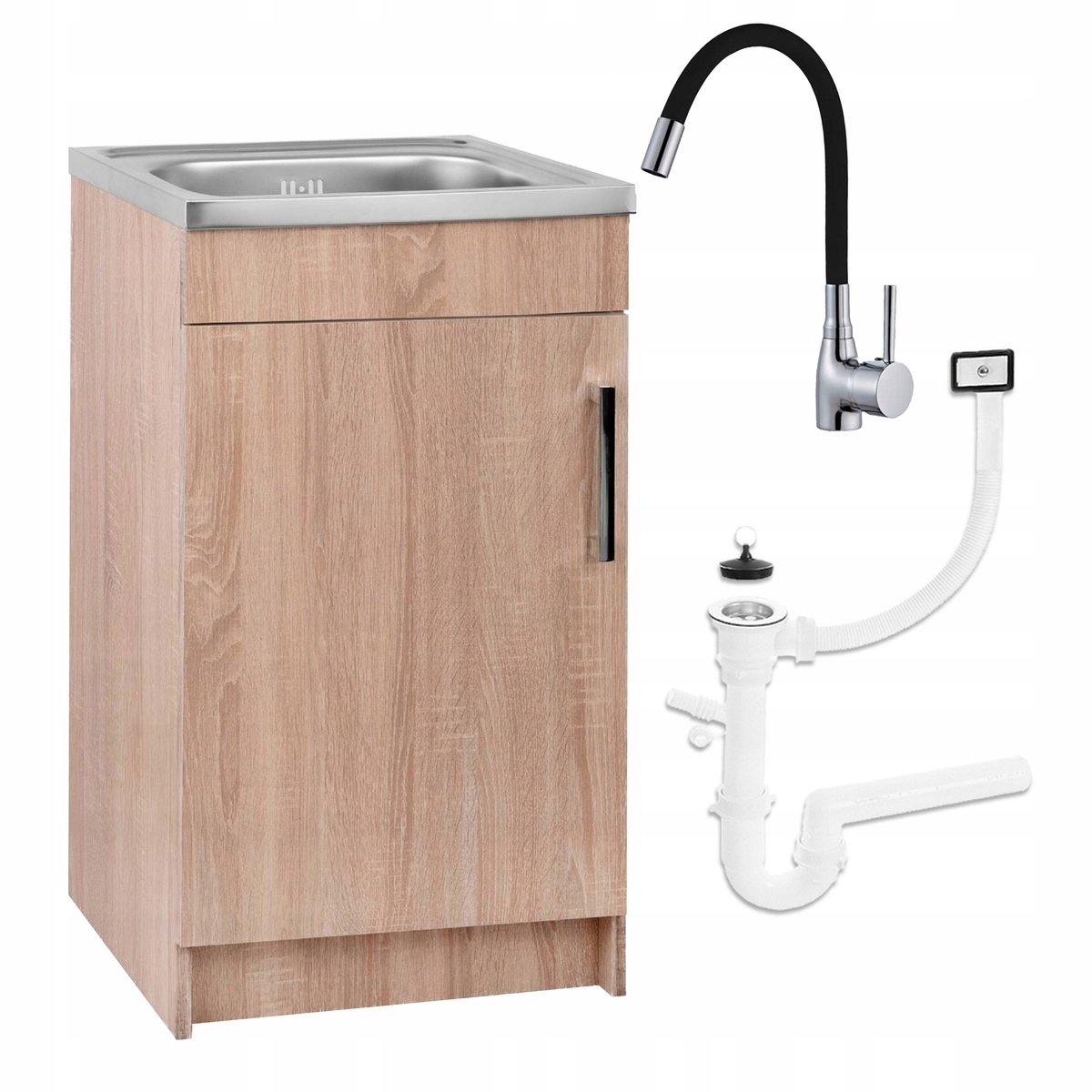 STAMAR - Keukenkast 50cm - Onderkast met Spoelbak met één compartiment + kraan + sifon - Eik Sonoma