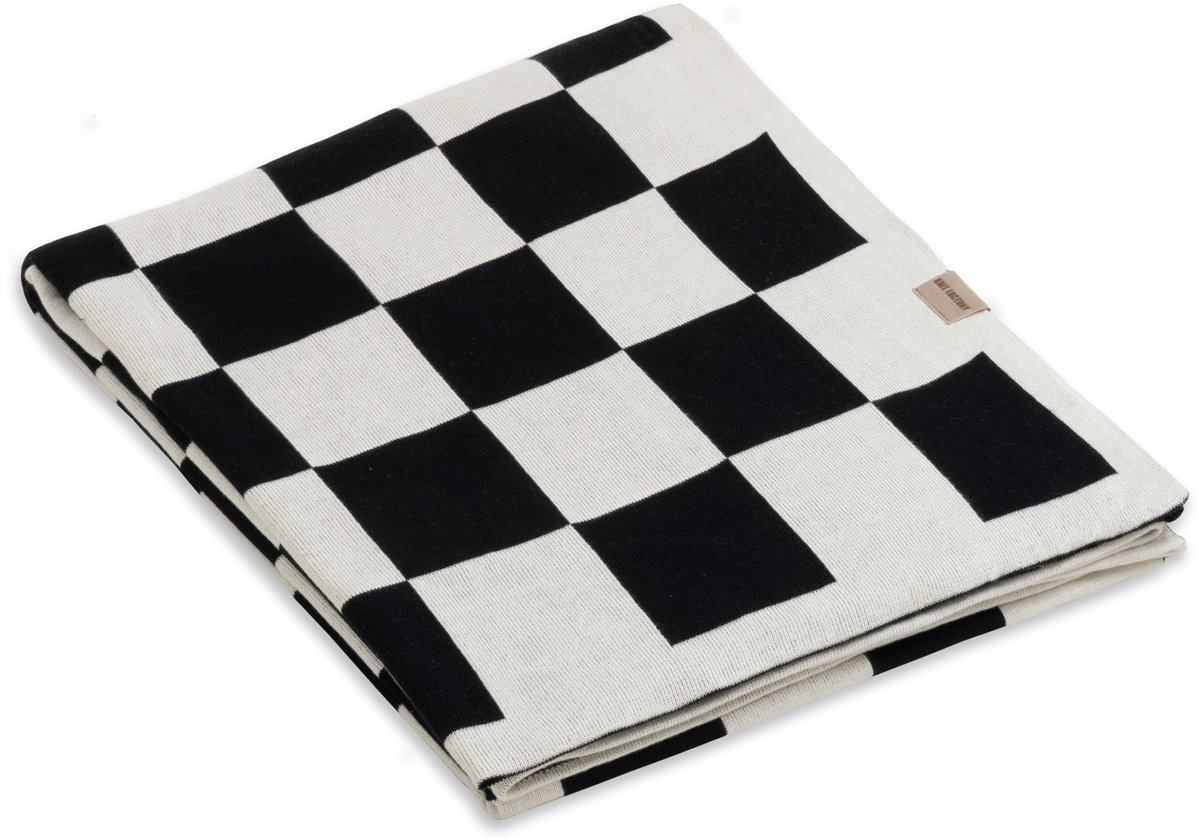 Knit Factory Caro Gebreid Plaid - Woondeken - plaid - Katoenen deken - Kleed - Geblokt motief - Ecru/Zwart - 160x130 cm