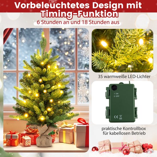 COSTWAY 90 cm kunstkerstboom met verlichting, kleine dennenboom in pot, tafelkerstboom met 20 warm-witte ledlampen, 8 modi, timer, bessen en dennenappels voor kerstdecoratie