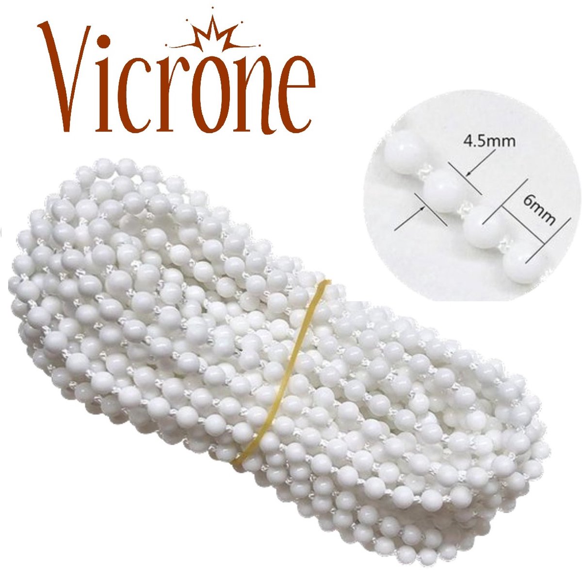 Vicrone® - Rolgordijn ketting 10 meter - 5 connectors - kleur wit - 4,5mm dik