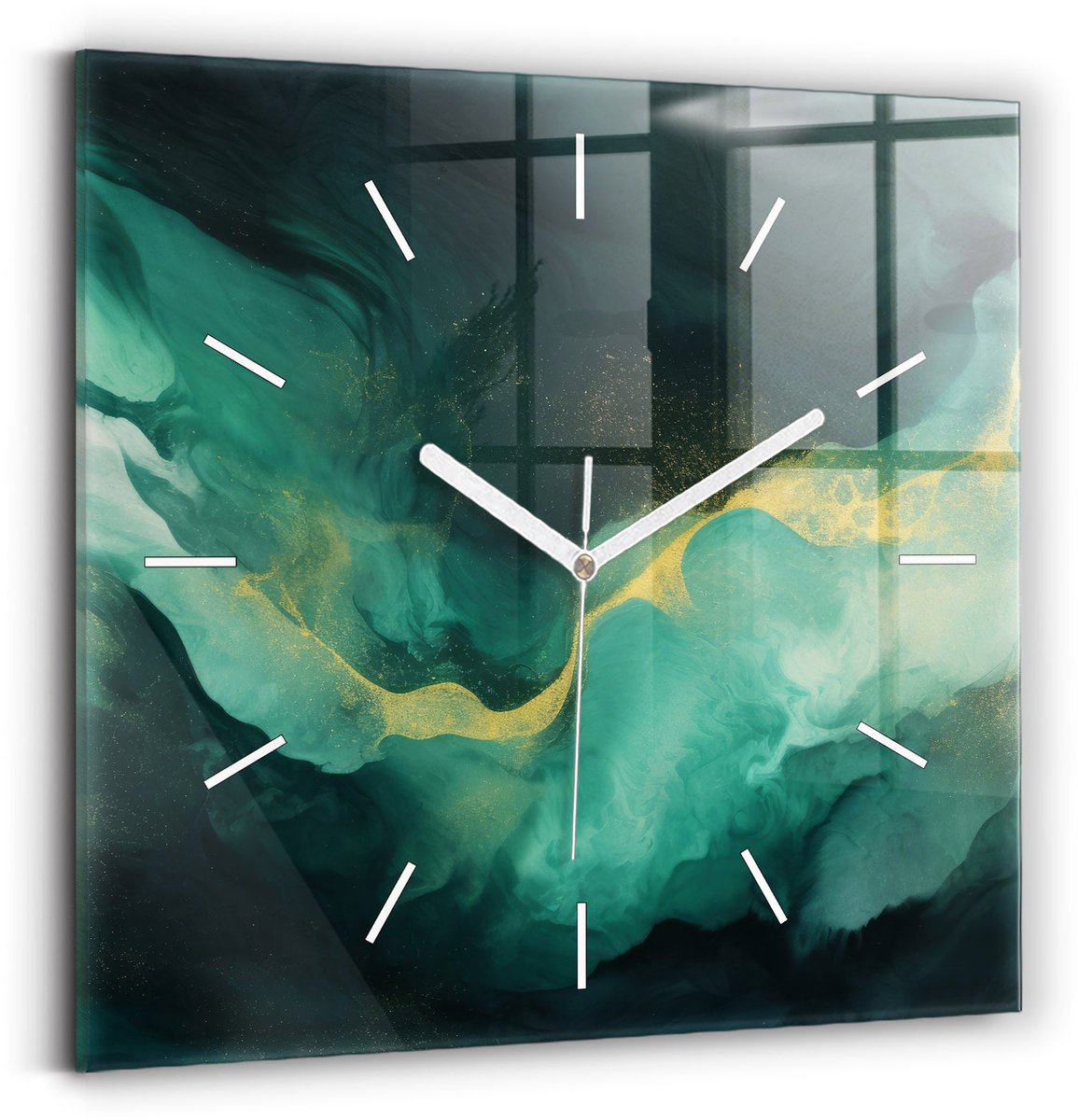 Wallfluent Wandklok - Groen marmer Stijlvolle Klok - 30 cm x 30 cm - Groente Wandklok - Witte Handen - Wandklok Zonder Cijfers - Kinder Wandklok Glas - Vierkante Glas Klok - Scandinavisch Wandklok - Klok met Print
