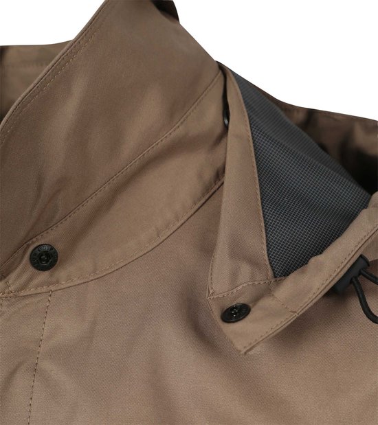 Sluiting kraag bruine jas met capuchon en veter.