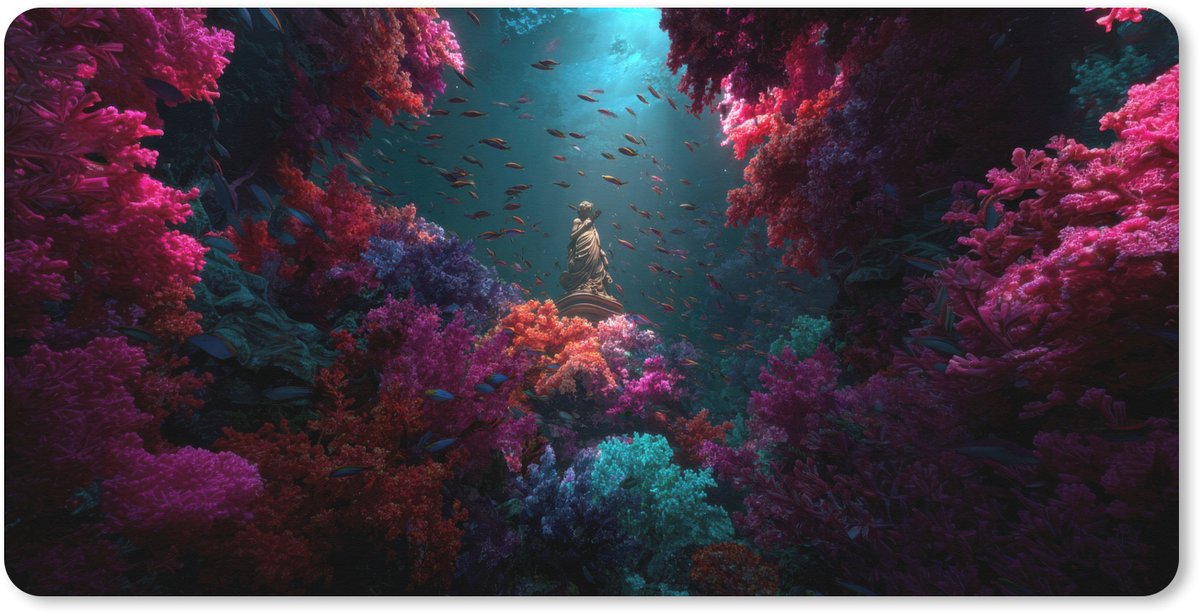 Muismat XXL 100x50 cm - Bureau onderlegger - Bureau mat Standbeeld - Zeebodem - Koraal - Kleurrijk - Bureaumat - Gaming mousepad xl - Bureaulegger groot - Computer deskmat