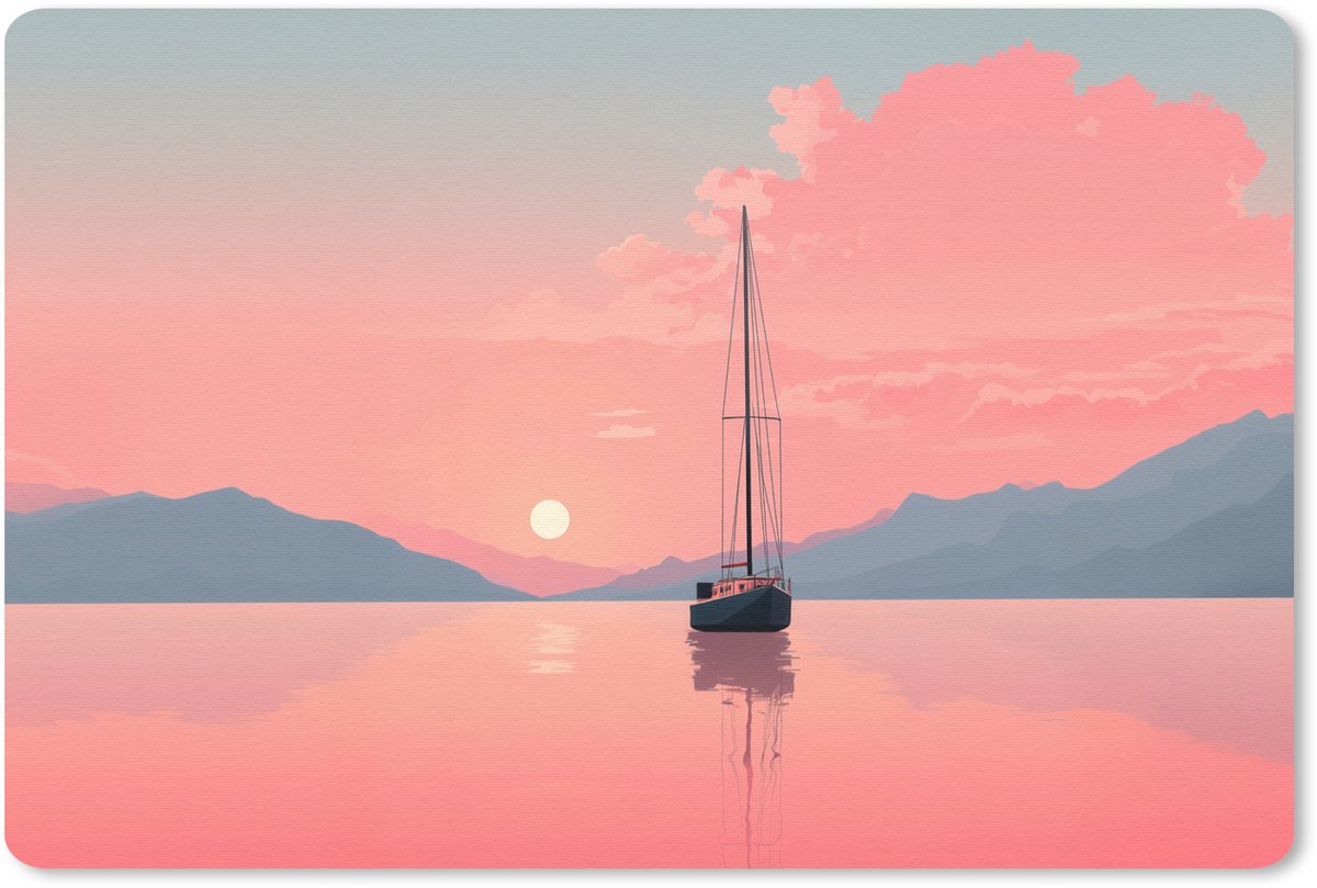 Muismat 27x18 cm - Mousepad Zeilboot - Roze zee - Zonsondergang - Bergen - Muismatten