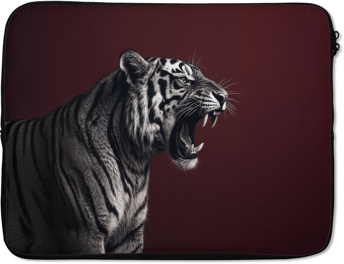 Laptophoes 15.6 inch - Tijger - Brult - Bordeaux - Laptop sleeve - Binnenmaat 37x26 cm - Zwarte achterkant