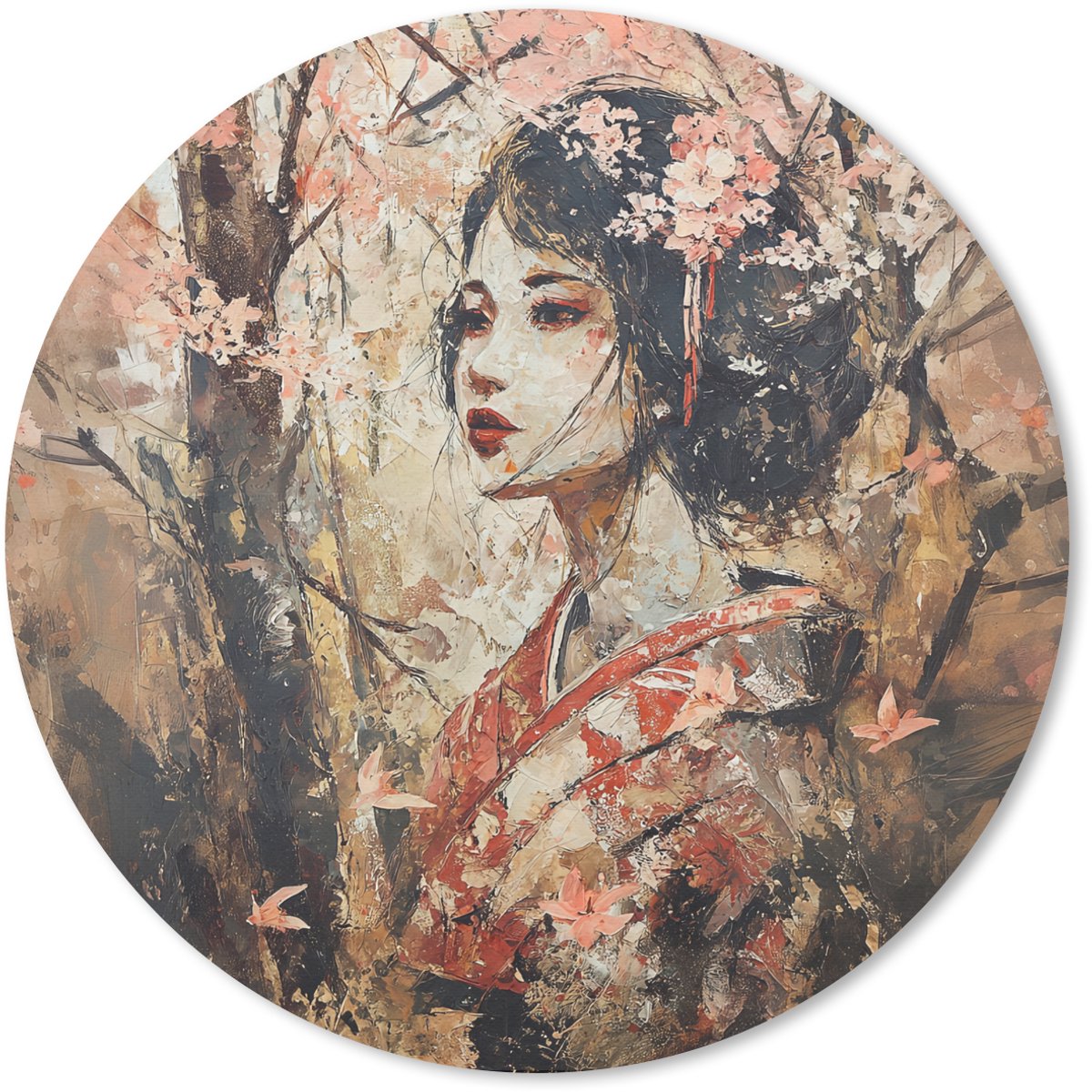 Muismat rond 50x50 cm - Mousepad Kimono - Vrouw - kersenbomen - Ronde muismatten