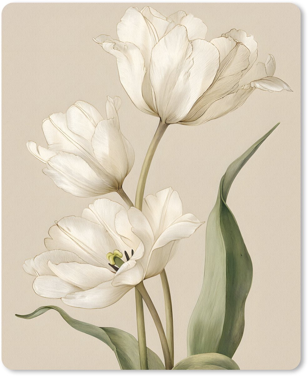 Muismat 19x23 cm - Mousepad Tulpen - Wit - Bladeren - Muismatten