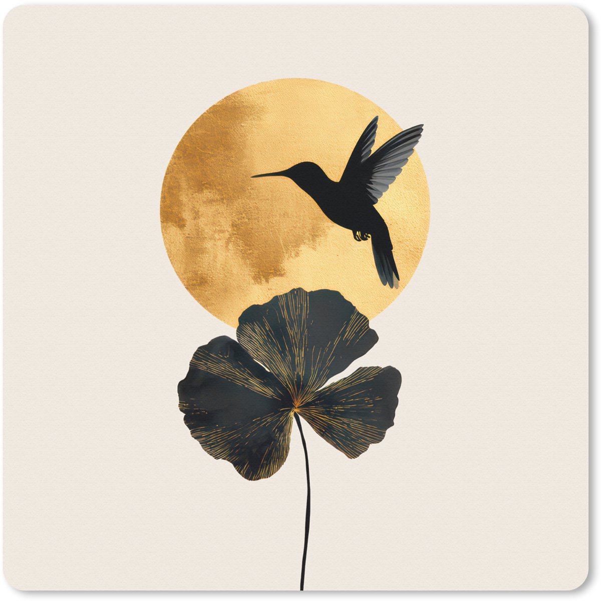 Muismat 30x30 cm - Mousepad Zwarte kolibrie - Bloem - Gouden cirkel - Muismatten