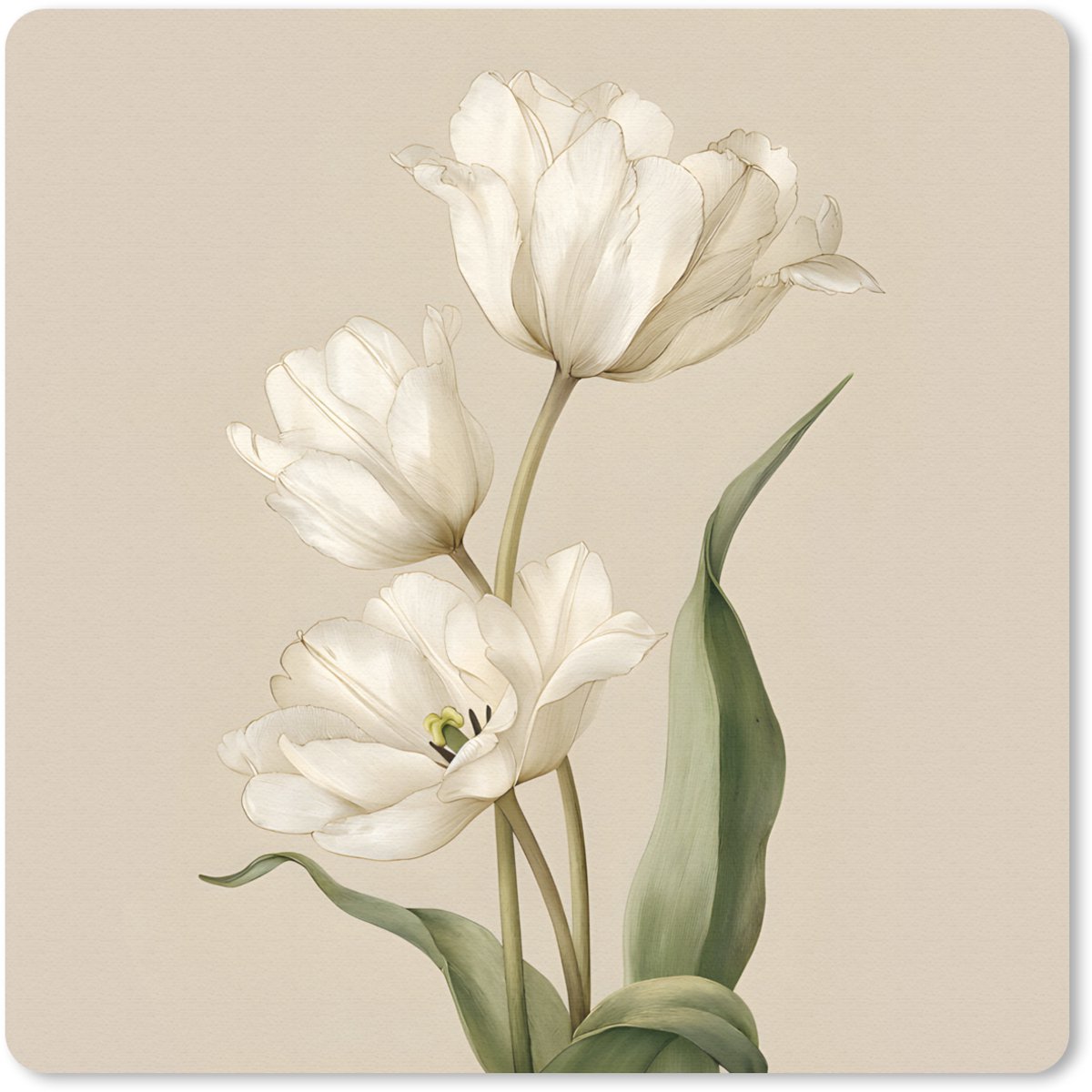 Muismat 30x30 cm - Mousepad Tulpen - Wit - Bladeren - Muismatten