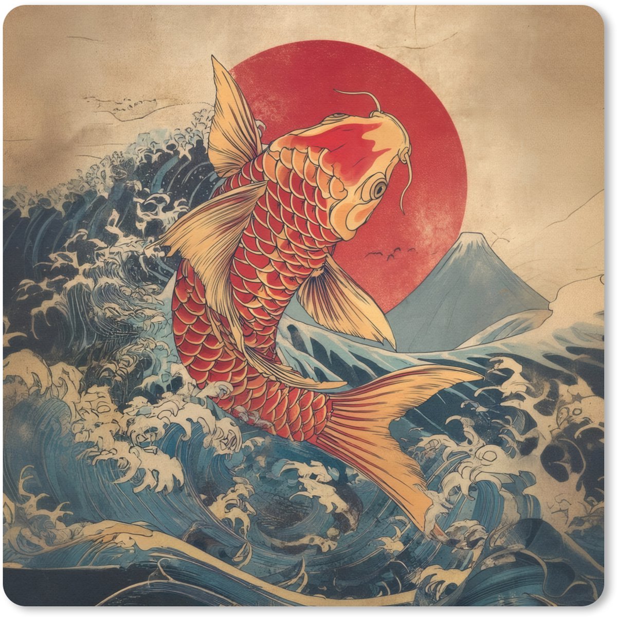 Muismat 20x20 cm - Mousepad Koi - Zee - Golven - Zon - Muismatten