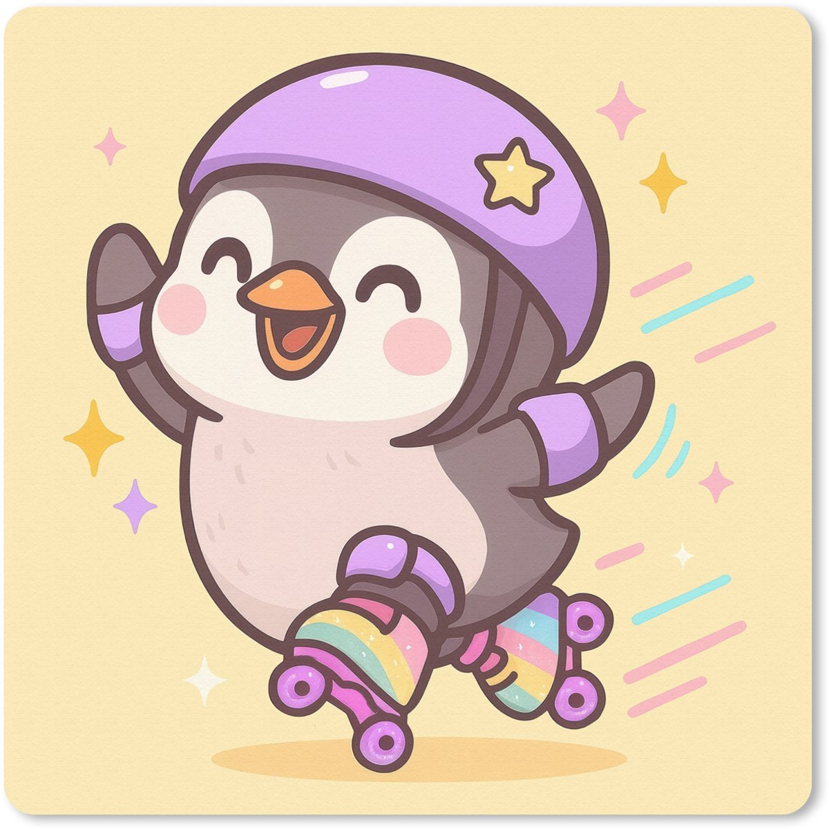 Muismat 30x30 cm - Mousepad Pinguïn - Rolschaatsen - Geel - Energiek - Muismatten