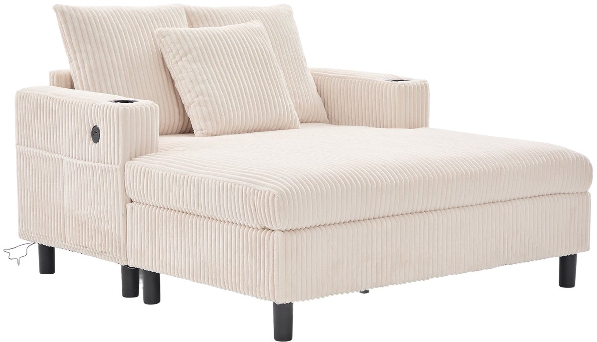 Merax Relaxfauteuil - Grote Chaise Longue met USB Oplaadpunten en Bekerhouders - Luxe Ligstoel met LED Verlichting en Kussens - Corduroy Fauteuil voor Woonkamer en Slaapkamer - 142x128x85 cm - Beige