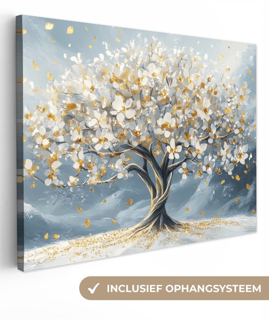 Canvas schilderij 160x120 cm - Wanddecoratie Boom - Winter - Levensboom - Modern - Goud - Muurdecoratie woonkamer - Slaapkamer decoratie - Kamer accessoires - Schilderijen op canvas
