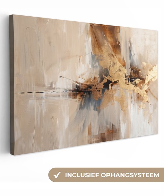 Peinture abstraite en marron, beige et gris avec des accents dorés. Montrée sur un mur blanc avec le texte 'Système de suspension inclus'.