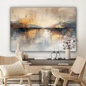 Abstract schilderij met gouden, beige, grijze en zwarte tinten, hangend boven een bed met kussens en planten.