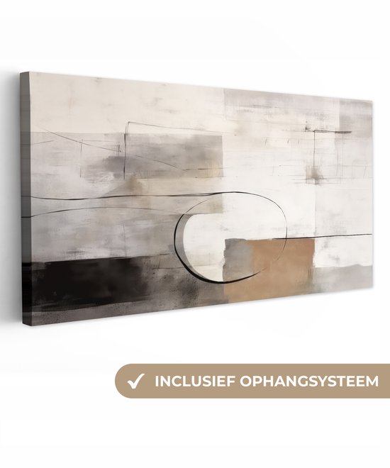 Abstract schilderij met bruine en grijze blokken en een zwarte cirkel in het midden, met inclusief ophangsysteem.