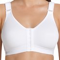 Witte sportbeha met voorsluiting en verstelbare bandjes.