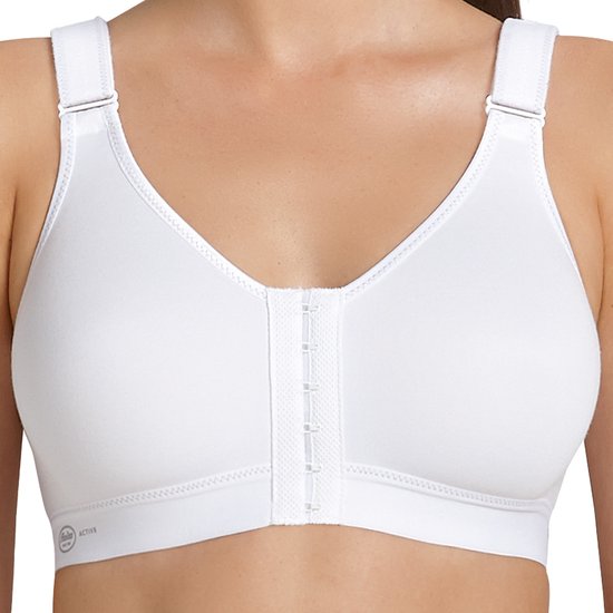 Witte sportbeha met voorsluiting en verstelbare bandjes.