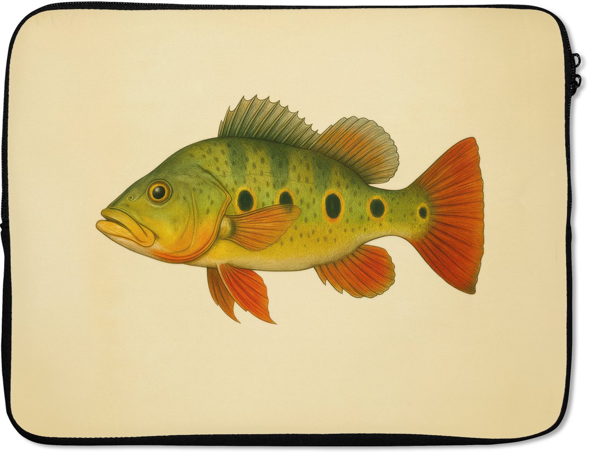 Laptophoes 15.6 inch - Schubben - Vis - Groen - Illustratie - Laptop sleeve - Binnenmaat 37x26 cm - Zwarte achterkant