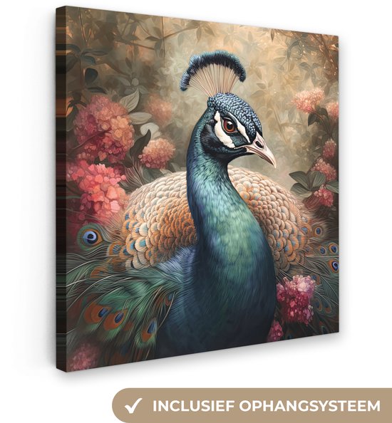 Tableau sur toile Paon - Vogel - Fleurs - Plantes - Plumes de Paon - 90x90 cm - Décoration murale