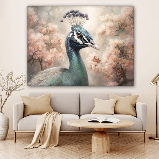Tableau sur toile Paon - Vogels - Fleurs - Arbre - Botanique - 160x120 cm - Décoration murale XXL
